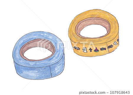 Illustration set of blue and Halloween masking tape drawn with water-based pens and transparent watercolors 107918643