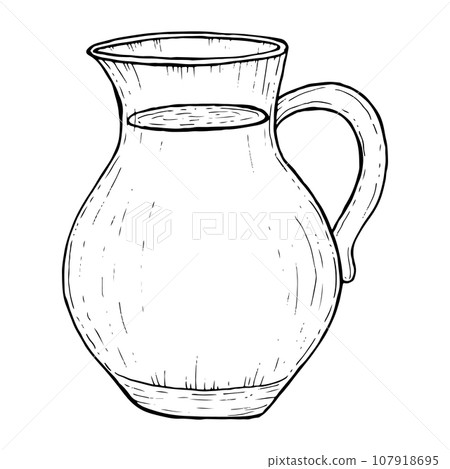 Vector jug with water, lemonade or juice black and white sketch illustration 107918695