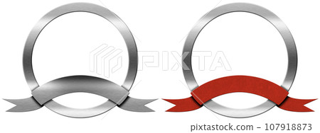 Round Metal Icons or Symbols with Empty Ribbon Isolated on White Round Metal Icons or Symbols with Empty Ribbon Isolated on White 107918873