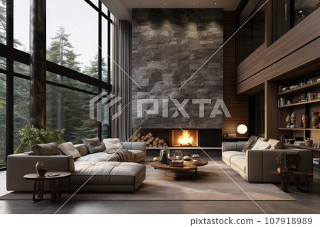 The interior of a spacious living room with a fireplace and a high ceiling The interior of a spacious living room with a fireplace and a high ceiling 107918989