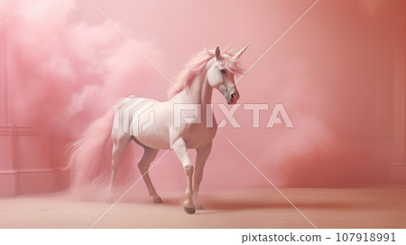 Unicorn on a pink background in the fog 107918991