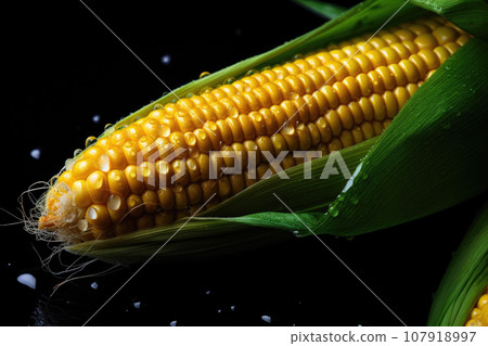 Corn on the cob with water drops on a dark background 107918997