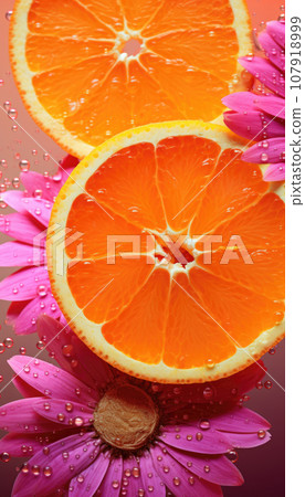 Juicy orange circles with pink flowers Juicy orange circles with pink flowers 107918999