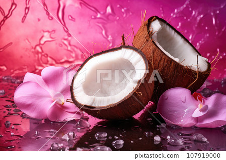 Fresh juicy coconut halves and flowers painted in metallic pink with water drops Fresh juicy coconut halves and flowers painted in metallic pink with water drops 107919000