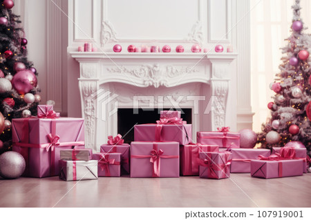 Interior of a room with a fireplace, gifts and a Christmas tree Interior of a room with a fireplace, gifts and a Christmas tree 107919001