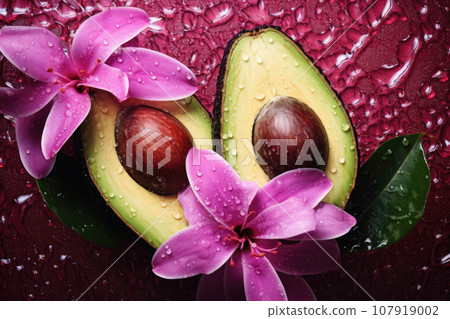 Fresh juicy avocado halves and flowers painted pink with water droplets Fresh juicy avocado halves and flowers painted pink with water droplets 107919002