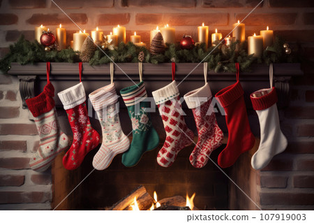 Christmas socks hanging on the fireplace Christmas socks hanging on the fireplace 107919003