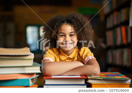 An African girl is sitting at school with textbooks 107919004