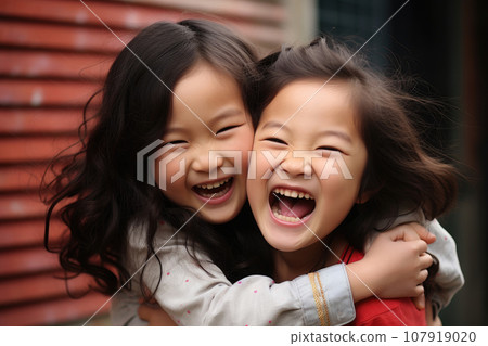 Two Asian girls hug and laugh Two Asian girls hug and laugh 107919020
