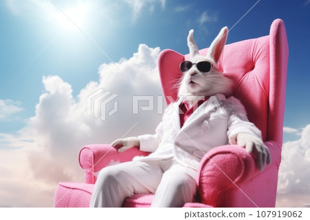 A white hare in sunglasses and a pink suit is sitting in a chair on a cloud 107919062