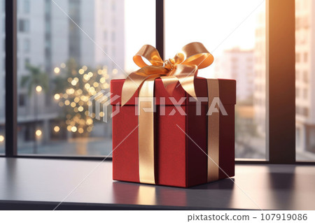 A gift box with a bow stands near the window A gift box with a bow stands near the window 107919086