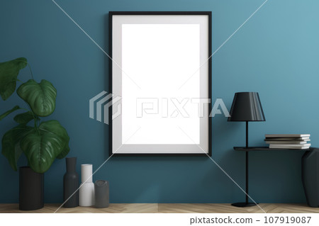 Layout of a photo frame in an office interior with a blue wall and a desk Layout of a photo frame in an office interior with a blue wall and a desk 107919087