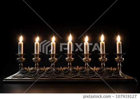 Burning candles in a golden candelabra on a black background 107919127