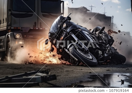 The motorcycle falls under the wheels of a heavy truck The motorcycle falls under the wheels of a heavy truck 107919164