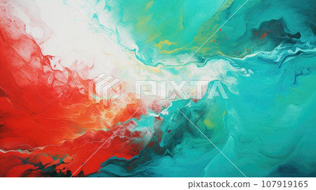 Abstract marble with acrylic paints of red turquoise and white colors is painted with waves, texture Abstract marble with acrylic paints of red turquoise and white colors is painted with waves, texture 107919165