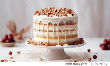 Layered vanilla cake with nuts Layered vanilla cake with nuts 107919167
