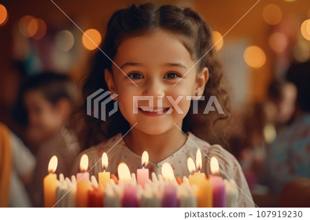 Happy girl blows out candles on a birthday cake Happy girl blows out candles on a birthday cake 107919230