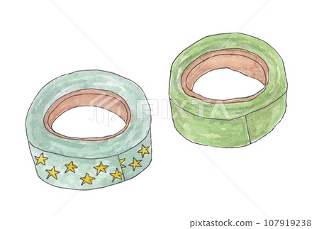 Illustration set of stars and yellow-green masking tape drawn with water-based pens and transparent watercolors Illustration set of stars and yellow-green masking tape drawn with water-based pens and transparent watercolors 107919238