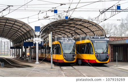 Tram-trains at Albtalbahnhof Station in Karlsruhe, Germany 107919269