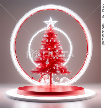 red christmas tree illuminated by neon lights red christmas tree illuminated by neon lights 107919327