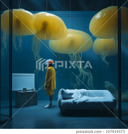 Boy in yellow shorts and yellow raincoat stands in a room with blue walls. Conceptual image. Jellyfish hang from above. The boy's head is also shaped like a jellyfish. Boy in yellow shorts and yellow raincoat stands in a room with blue walls. Conceptual image. Jellyfish hang from above. The boy's head is also shaped like a jellyfish. 107919373