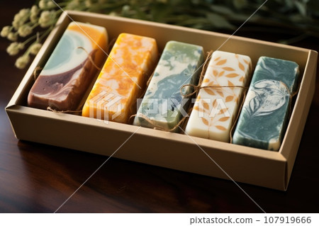 Homemade soap pieces in a gift box 107919666