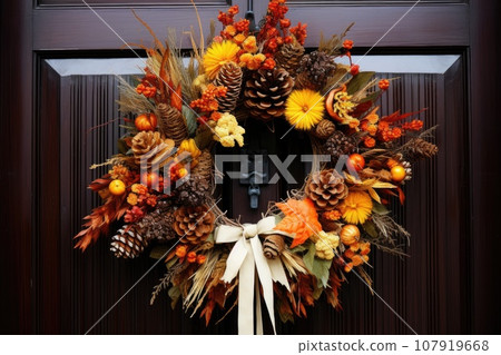 A wreath of autumn flowers on the front door for Thanksgiving 107919668