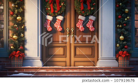 Christmas socks are hanging by the front door Christmas socks are hanging by the front door 107919676
