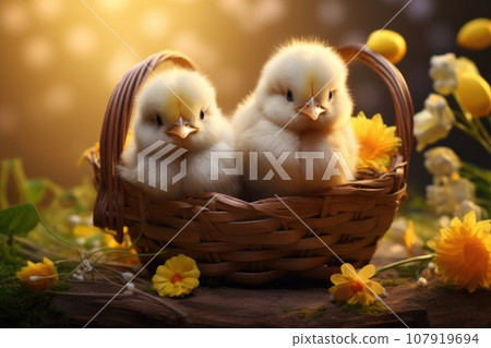 Little chickens sitting in a basket 107919694