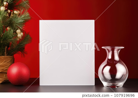 A mock-up of a photo frame against a red wall and a vase with nobilis 107919696
