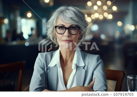 An elderly woman with glasses and gray hair who runs a restaurant 107919705