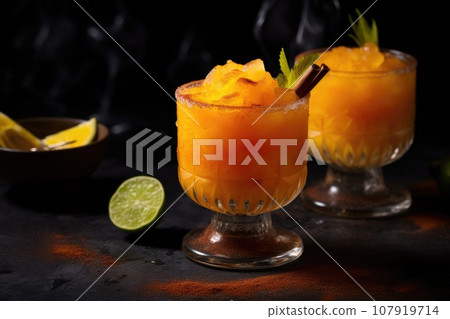 Frozen cocktail of mango sherbet, Mexican sauce and chili pepper powder with lime slices Frozen cocktail of mango sherbet, Mexican sauce and chili pepper powder with lime slices 107919714