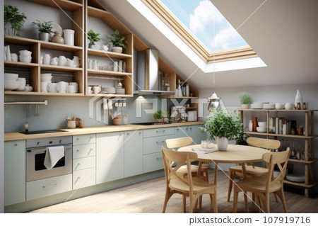 Small white kitchen with dining table Small white kitchen with dining table 107919716