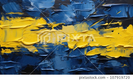 Banner with abstract art, mixed blue and yellow oil paint 107919720