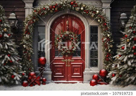 Entrance door with a Christmas wreath and Christmas trees 107919723