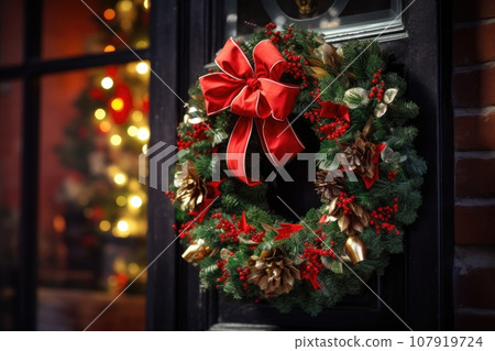 Christmas wreath on the front door 107919724