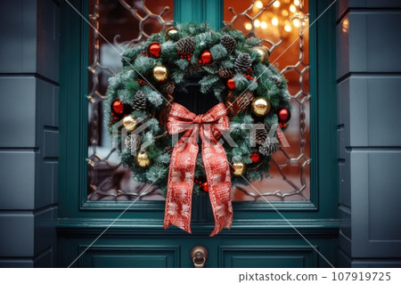 Christmas wreath on the front door Christmas wreath on the front door 107919725
