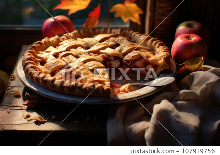 Apple pie on a wooden table 107919756