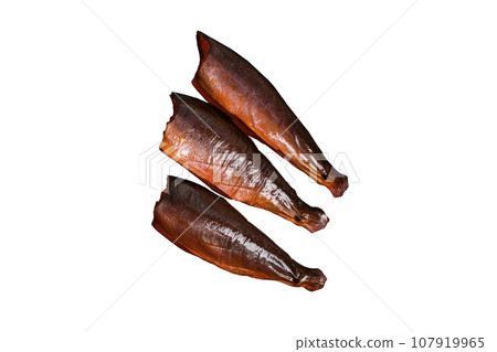 cold smoked chum salmon on a white background close-up cold smoked chum salmon on a white background close-up 107919965