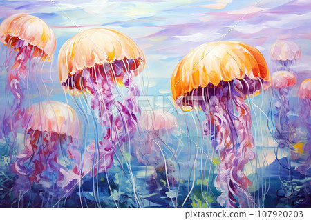 Beautiful painting of jellyfish swimming gracefully under the sea. Undersea animals. Illustration, Generative AI. Beautiful painting of jellyfish swimming gracefully under the sea. Undersea animals. Illustration, Generative AI. 107920203