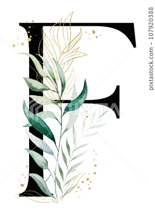 Black letter F with green a watercolor leaves, isolated wedding illustration, Alphabet Element 107920388