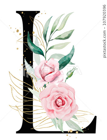 Black letter L with pink watercolor flowers and green and golden leaves, isolated illustration 107920396