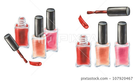 Watercolor illustration set. Composition with bottles of nail polish and components. Hand drawn isolated on white background. For manicure, beauty salons to create posters, prints. Bundle of clipart Watercolor illustration set. Composition with bottles of nail polish and components. Hand drawn isolated on white background. For manicure, beauty salons to create posters, prints. Bundle of clipart 107920467