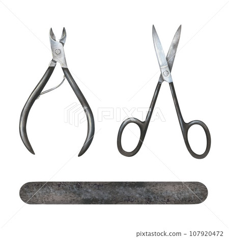 Set of tools for Manicure. Watercolor illustration of nippers and scissors. Hand drawn clip art on isolated background. Drawing sketch of Nail file and clipper. Bundle for beauty salons and stores Set of tools for Manicure. Watercolor illustration of nippers and scissors. Hand drawn clip art on isolated background. Drawing sketch of Nail file and clipper. Bundle for beauty salons and stores 107920472
