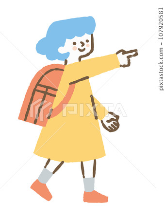 Girl carrying a school bag and pointing her finger_color Girl carrying a school bag and pointing her finger_color 107920581