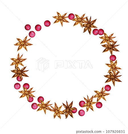 Watercolor wreath with spices, anis and berries, ingredients of mulled wine, hot winter beverage, round frame, hand drawn sketch, winter illustration isolated on white background Watercolor wreath with spices, anis and berries, ingredients of mulled wine, hot winter beverage, round frame, hand drawn sketch, winter illustration isolated on white background 107920831
