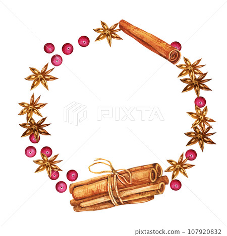 Watercolor wreath with spices, cinnamon, anis and berries, ingredients of mulled wine, round frame, hand drawn sketch, winter illustration isolated on white background Watercolor wreath with spices, cinnamon, anis and berries, ingredients of mulled wine, round frame, hand drawn sketch, winter illustration isolated on white background 107920832