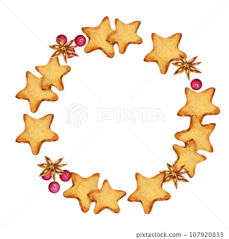 watercolor round border with cookies, biscuit. spices, red berries, hand drawn illustration of cappuccino, frame, wreath of winter drinks theme isolated on white background watercolor round border with cookies, biscuit. spices, red berries, hand drawn illustration of cappuccino, frame, wreath of winter drinks theme isolated on white background 107920833
