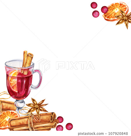 Watercolor square frame with a glass of mulled red wine and orange, cinnamon, berries and spices, hand drawn sketch, food illustration of drink isolated on white background Watercolor square frame with a glass of mulled red wine and orange, cinnamon, berries and spices, hand drawn sketch, food illustration of drink isolated on white background 107920848