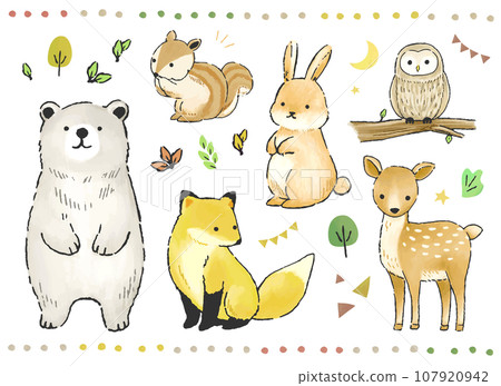 Hand drawn cute animals and plants illustration set 107920942